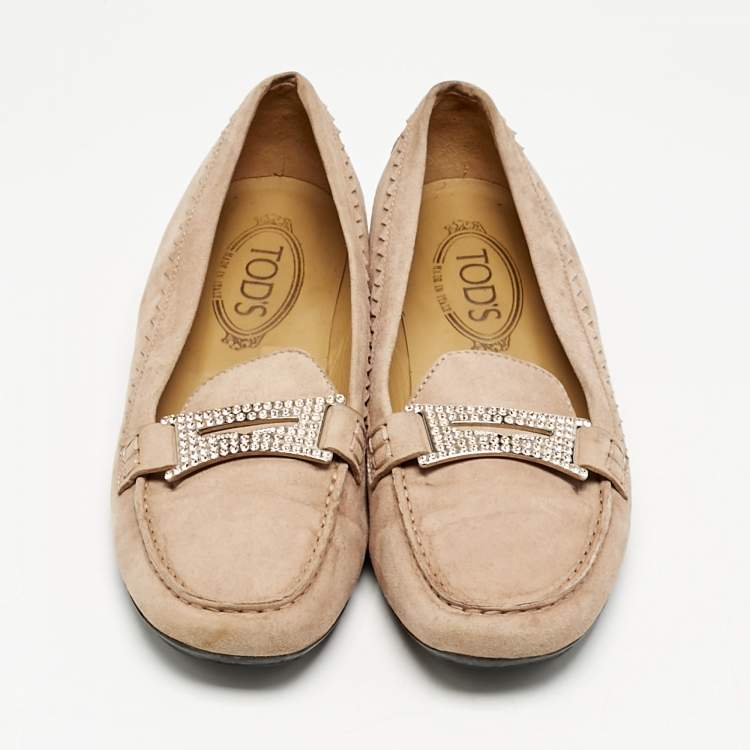 Pre Owned Tod's Pink Suede Crystal Embellished Loafers Size 38.5