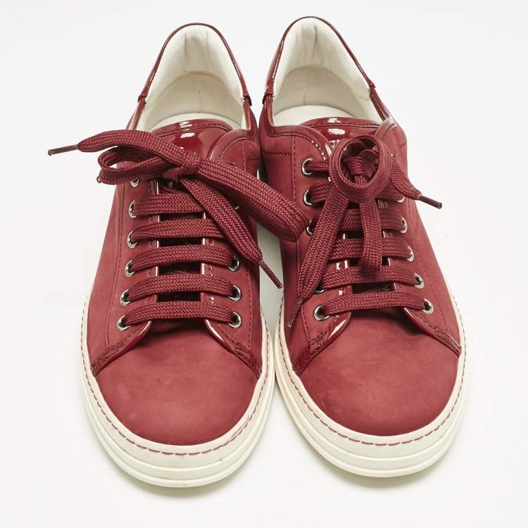 Pre Owned Tod's Burgundy Nubuck and Patent Leather Low Top Sneakers Size 39