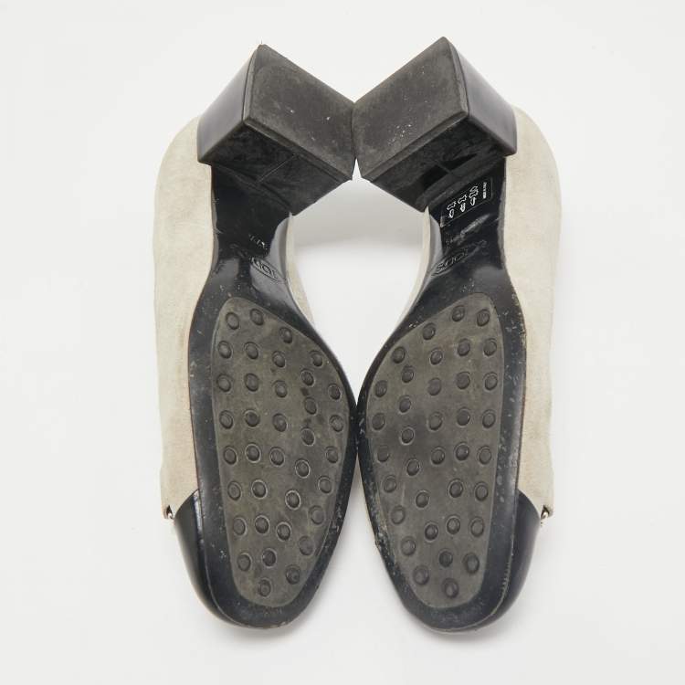 Pre Owned Tod's Navy Grey/Black Suede and Leather Double T Court Loafer Pumps Size 37.5