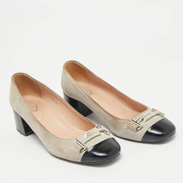 Pre Owned Tod's Navy Grey/Black Suede and Leather Double T Court Loafer Pumps Size 37.5