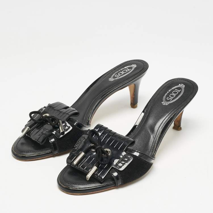 Pre Owned Tod's Black Patent Leather Fringe Bow Slide Sandals Size 38.5