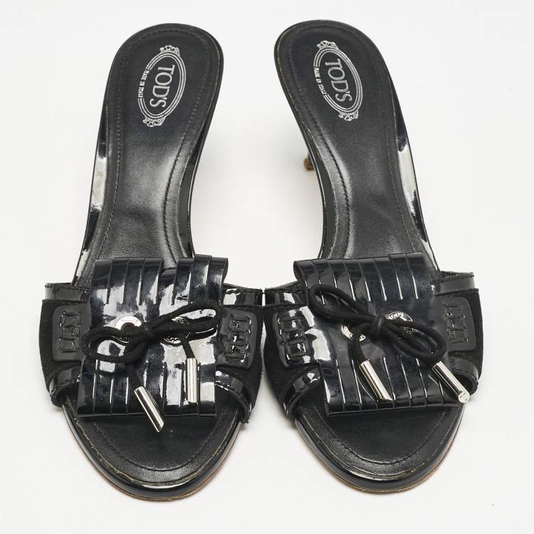 Pre Owned Tod's Black Patent Leather Fringe Bow Slide Sandals Size 38.5