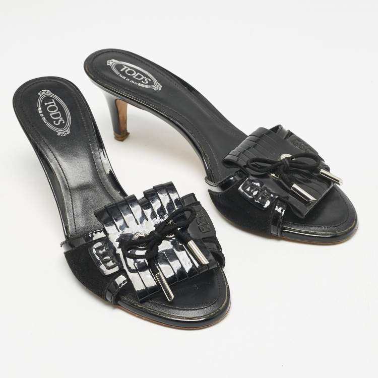 Pre Owned Tod's Black Patent Leather Fringe Bow Slide Sandals Size 38.5