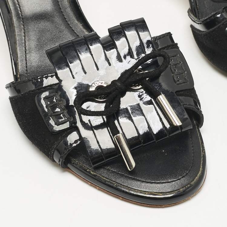 Pre Owned Tod's Black Patent Leather Fringe Bow Slide Sandals Size 38.5