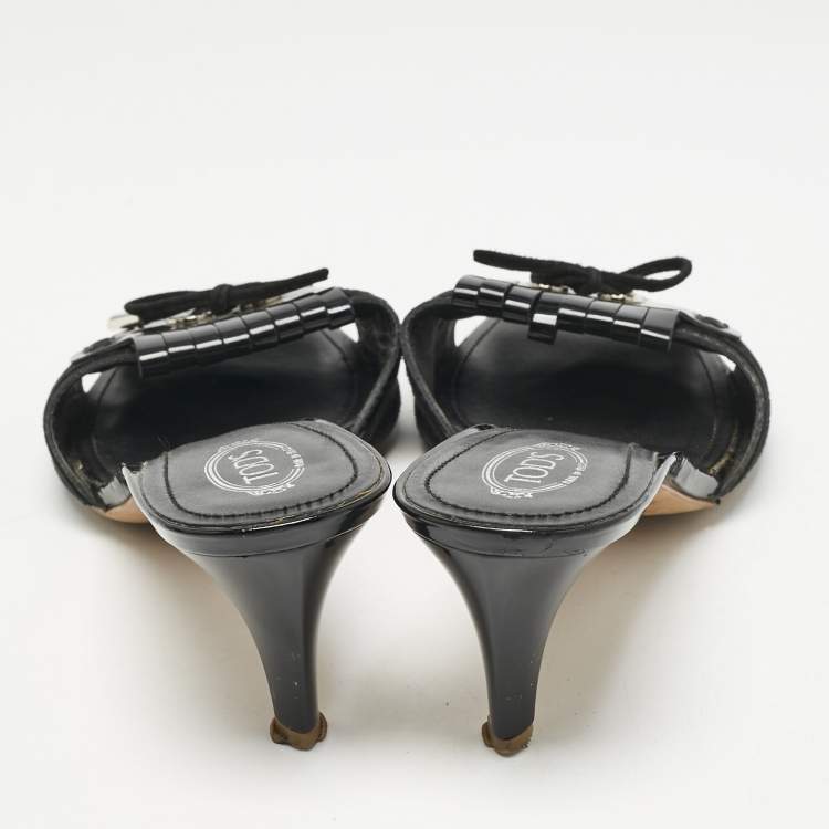 Pre Owned Tod's Black Patent Leather Fringe Bow Slide Sandals Size 38.5
