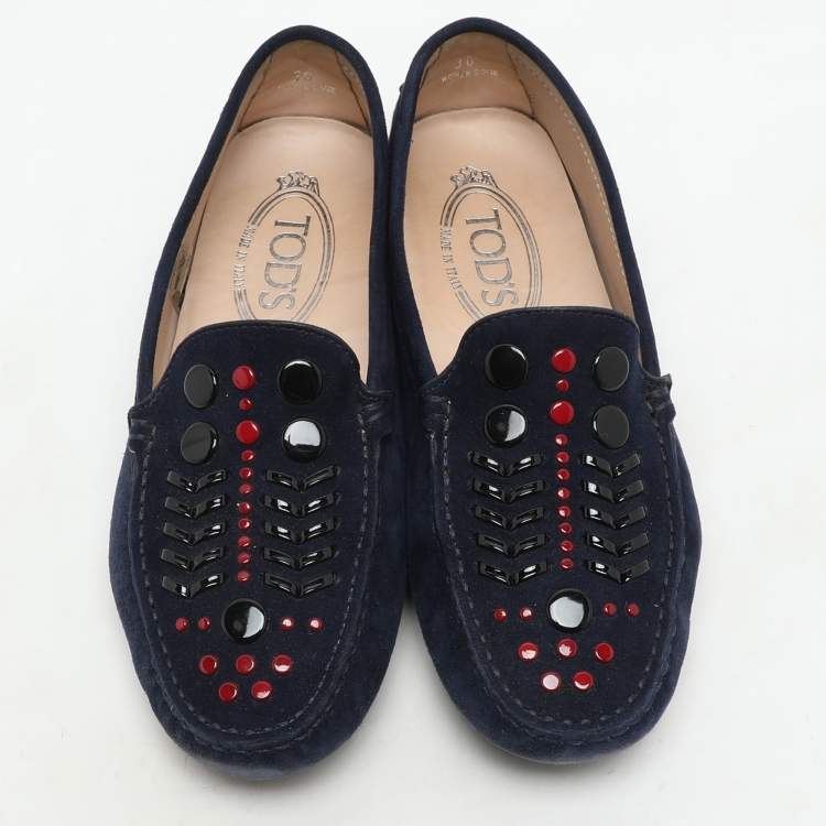 Pre Owned Tod's Navy Blue Suede Studded Slip On Loafers Size 36