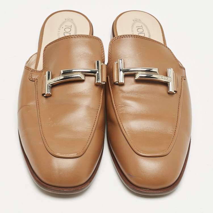Pre Owned Tod's Brown Leather Double T Flat Mules Size 39