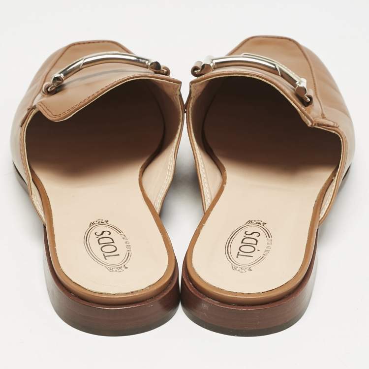 Pre Owned Tod's Brown Leather Double T Flat Mules Size 39