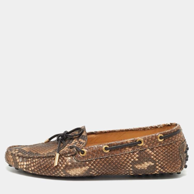 Pre Owned Tod's Brown/Beige Python Leather Gommino Bow Slip On Loafers Size 39