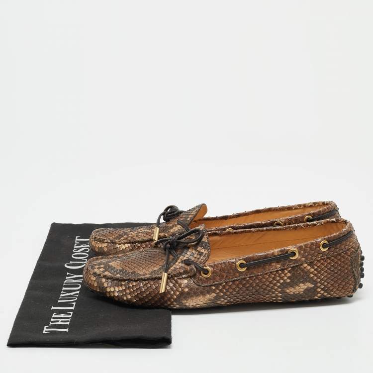 Pre Owned Tod's Brown/Beige Python Leather Gommino Bow Slip On Loafers Size 39