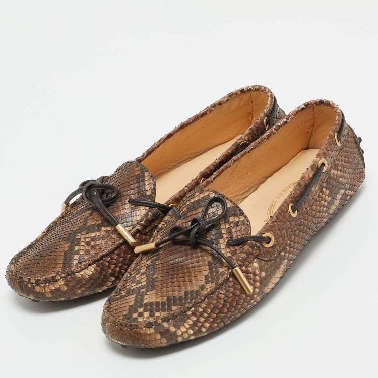 Pre Owned Tod's Brown/Beige Python Leather Gommino Bow Slip On Loafers Size 39