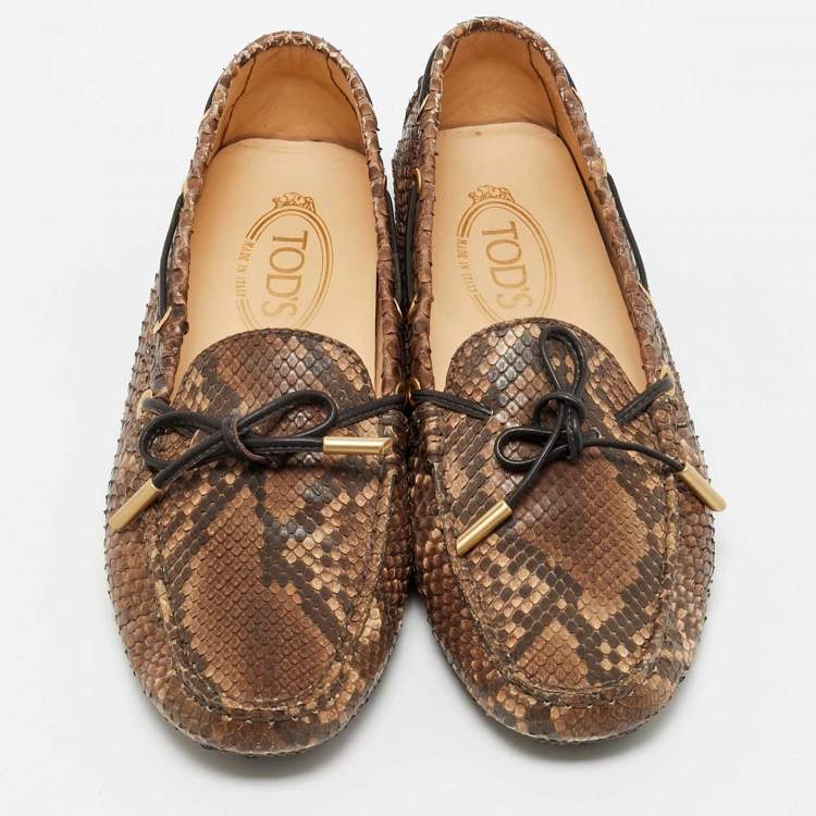 Pre Owned Tod's Brown/Beige Python Leather Gommino Bow Slip On Loafers Size 39