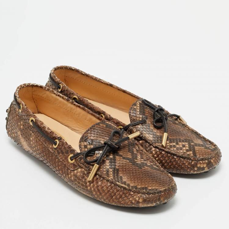 Pre Owned Tod's Brown/Beige Python Leather Gommino Bow Slip On Loafers Size 39