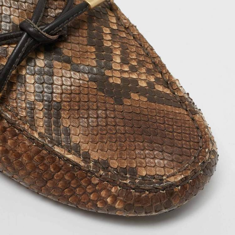 Pre Owned Tod's Brown/Beige Python Leather Gommino Bow Slip On Loafers Size 39