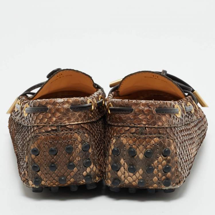 Pre Owned Tod's Brown/Beige Python Leather Gommino Bow Slip On Loafers Size 39