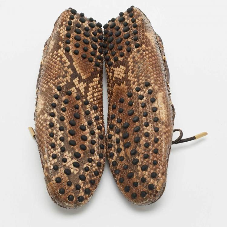 Pre Owned Tod's Brown/Beige Python Leather Gommino Bow Slip On Loafers Size 39