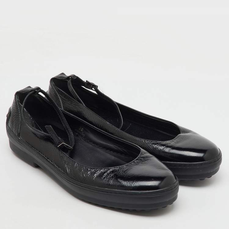 Pre Owned Tod's Black Patent Leather Ankle Strap Ballet Flats Size 38