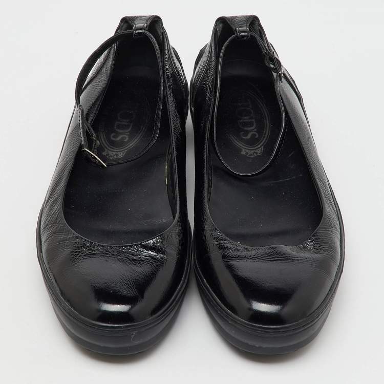 Pre Owned Tod's Black Patent Leather Ankle Strap Ballet Flats Size 38