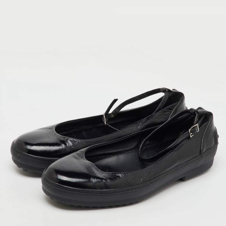 Pre Owned Tod's Black Patent Leather Ankle Strap Ballet Flats Size 38