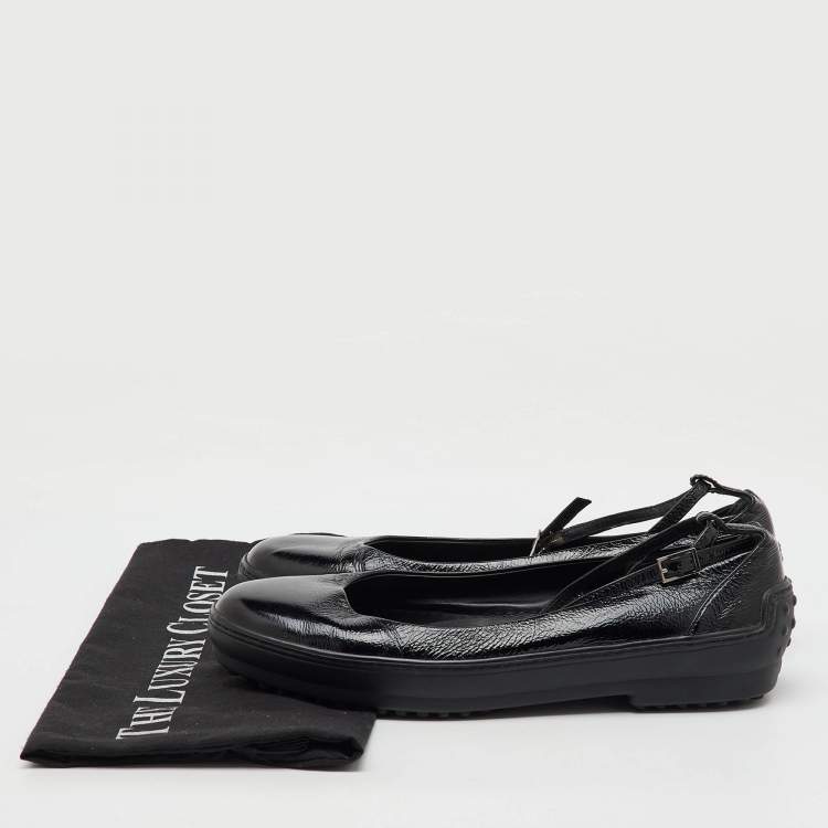 Pre Owned Tod's Black Patent Leather Ankle Strap Ballet Flats Size 38