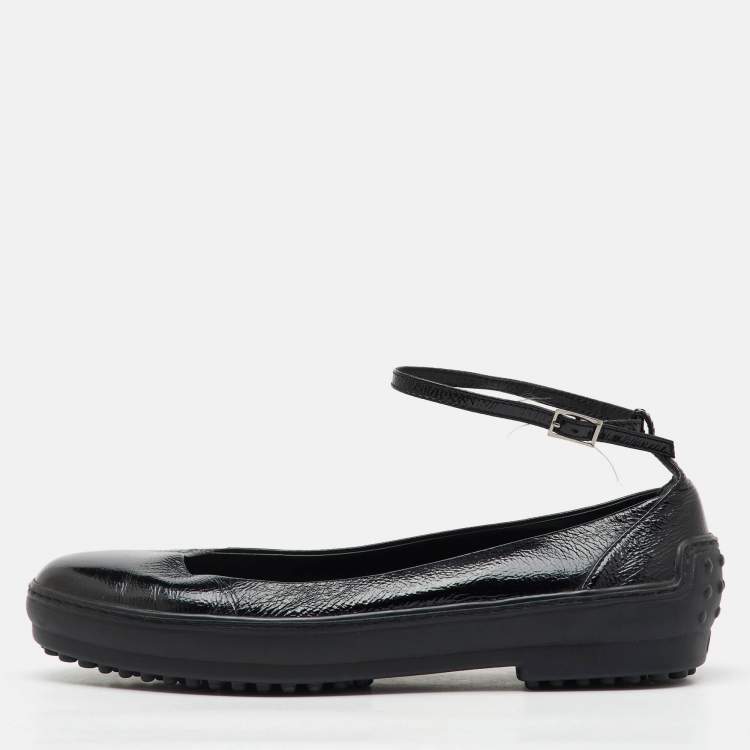 Pre Owned Tod's Black Patent Leather Ankle Strap Ballet Flats Size 38