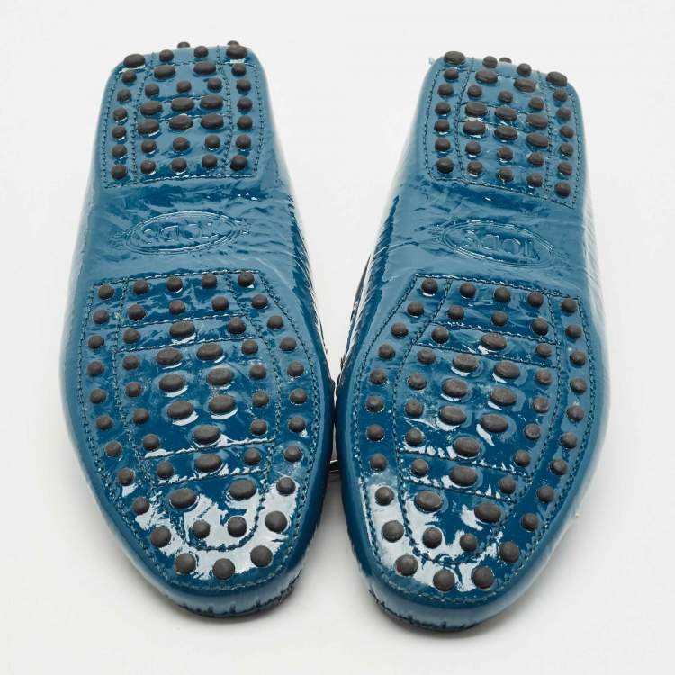 Pre Owned Tod's Blue Patent Leather Bow Slip On Loafers Size 38