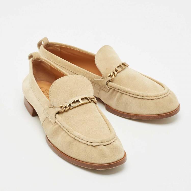 Pre Owned Tod's Beige Suede T Logo Penny Loafers Size 38.5