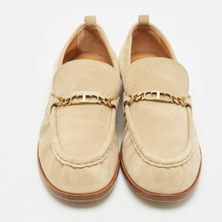 Pre Owned Tod's Beige Suede T Logo Penny Loafers Size 38.5