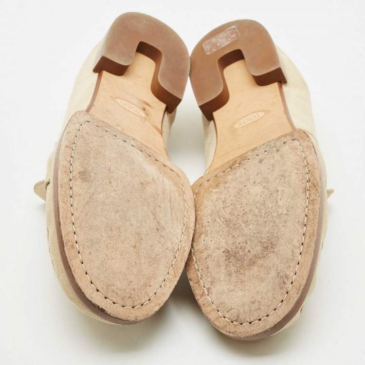 Pre Owned Tod's Beige Suede T Logo Penny Loafers Size 38.5