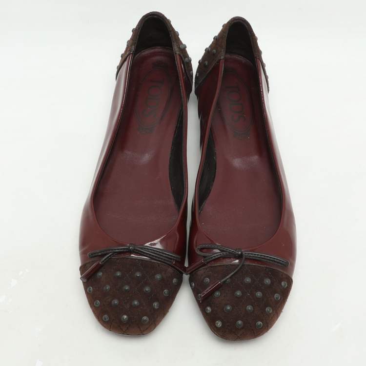 Pre Owned Tod's Brown/Burgundy Suede and Patent Leather Bow Ballet Flats Size 39