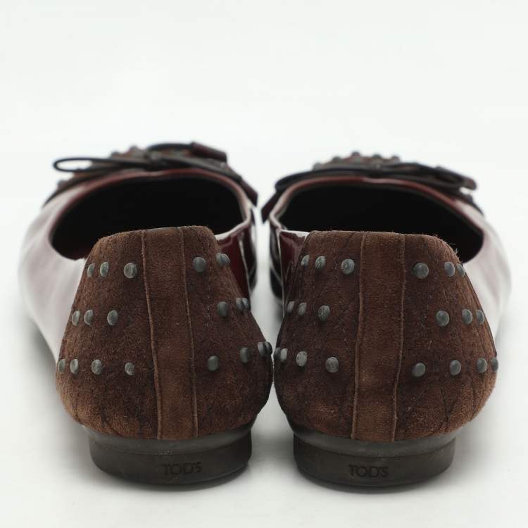 Pre Owned Tod's Brown/Burgundy Suede and Patent Leather Bow Ballet Flats Size 39