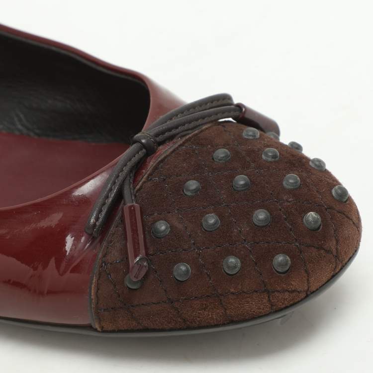 Pre Owned Tod's Brown/Burgundy Suede and Patent Leather Bow Ballet Flats Size 39