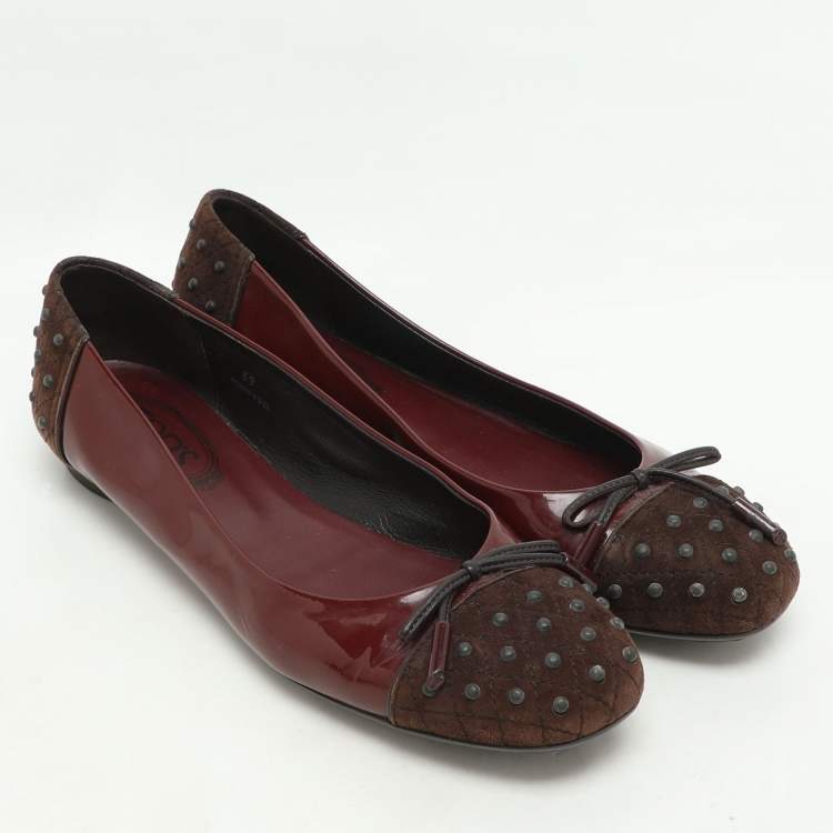 Pre Owned Tod's Brown/Burgundy Suede and Patent Leather Bow Ballet Flats Size 39