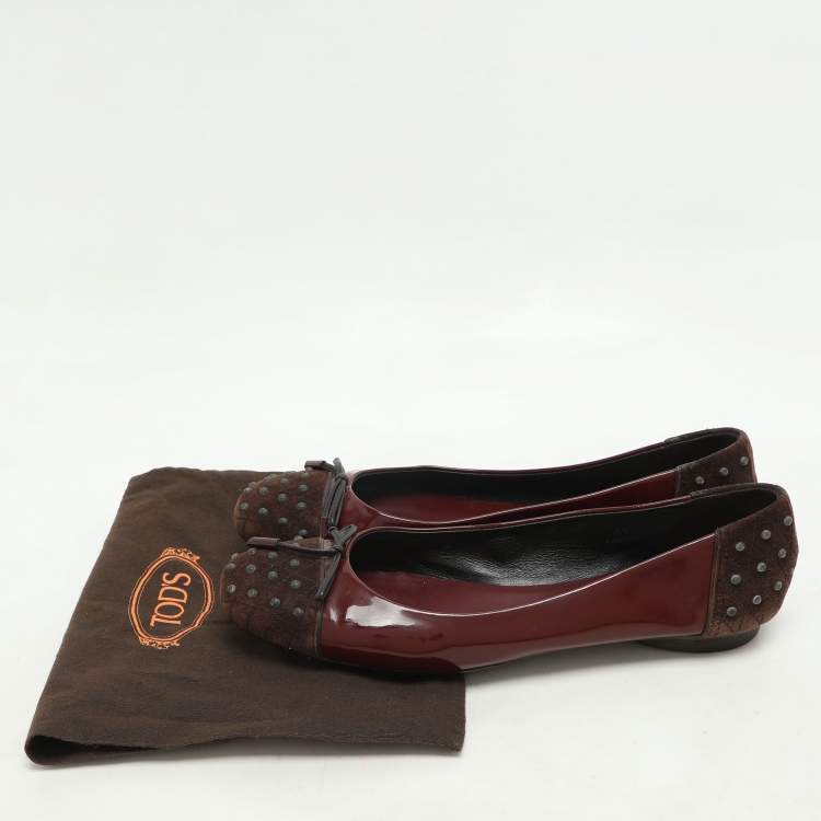 Pre Owned Tod's Brown/Burgundy Suede and Patent Leather Bow Ballet Flats Size 39