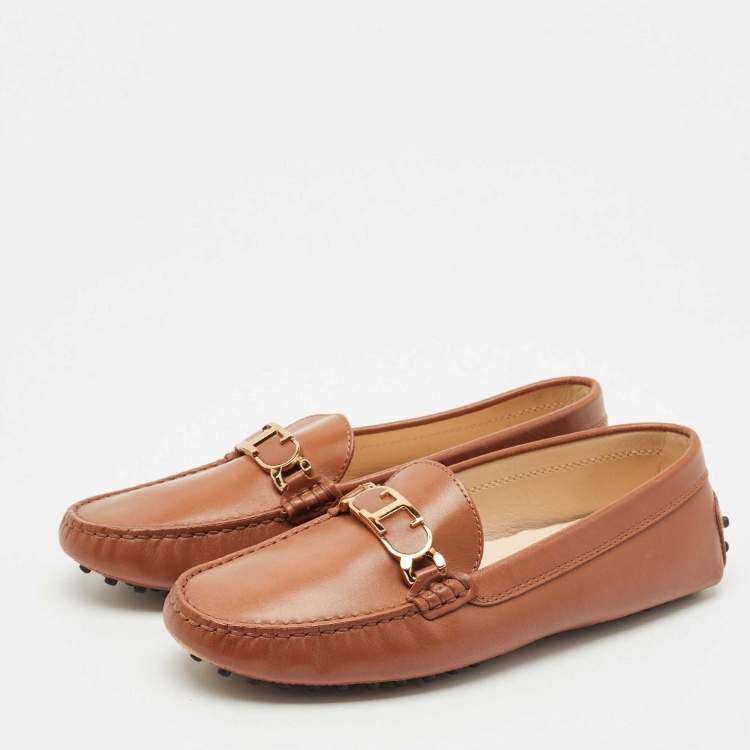Pre Owned Tod's Brown Leather T Timeless Slip On Loafers Size 37