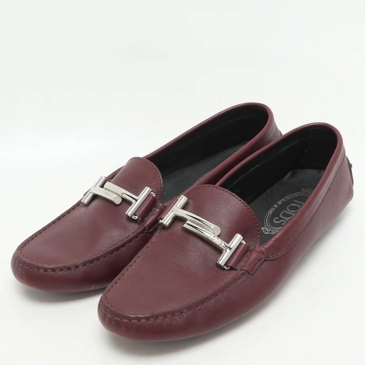 Pre Owned Tod's Burgundy Leather Double T Court Loafers Size 39.5