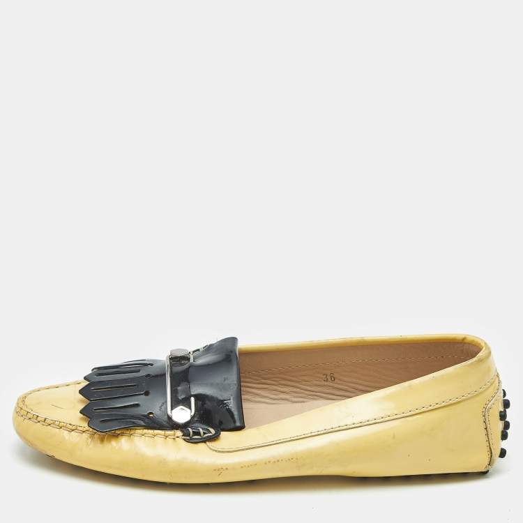 Pre Owned Tod's Yellow/Black Patent Leather Pin Fringe Loafers Size 38
