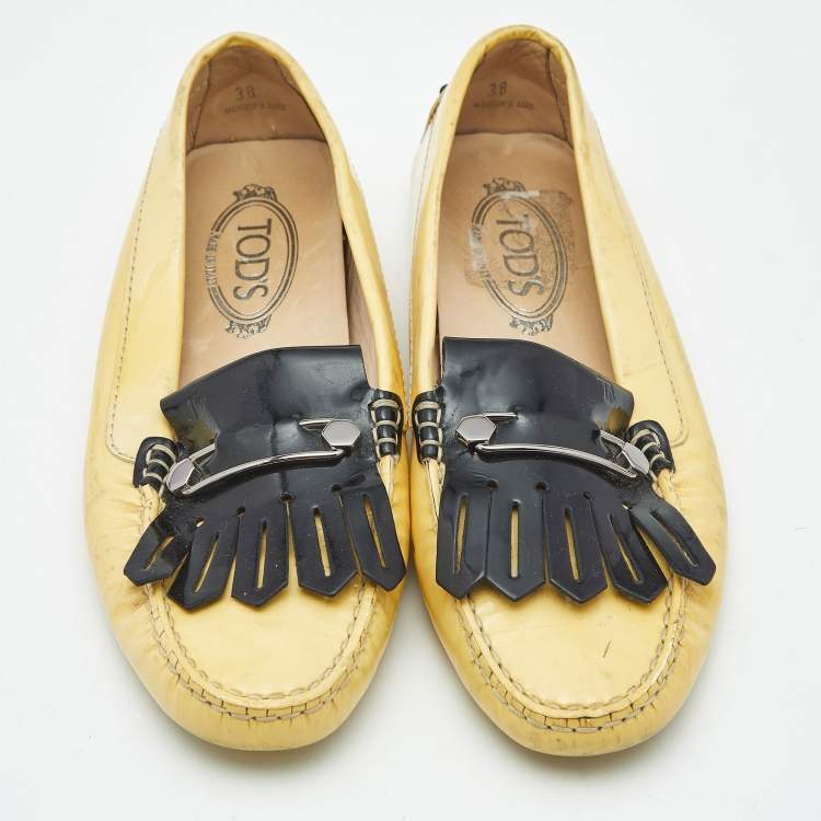Pre Owned Tod's Yellow/Black Patent Leather Pin Fringe Loafers Size 38