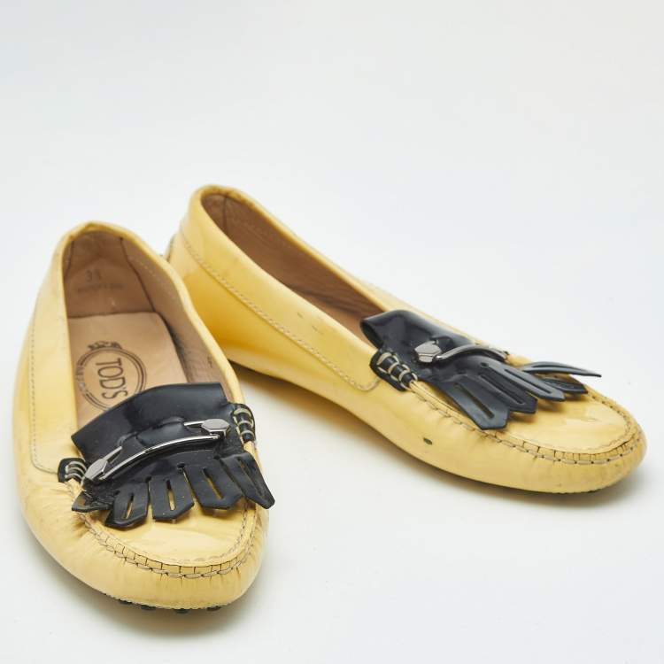 Pre Owned Tod's Yellow/Black Patent Leather Pin Fringe Loafers Size 38