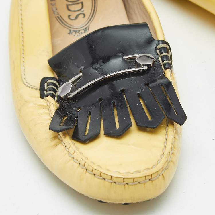 Pre Owned Tod's Yellow/Black Patent Leather Pin Fringe Loafers Size 38