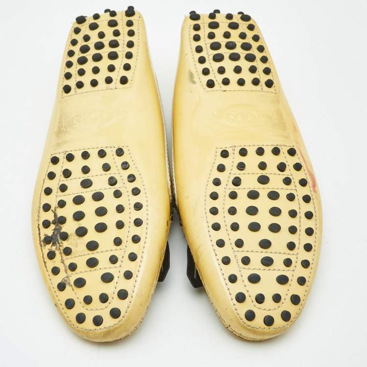 Pre Owned Tod's Yellow/Black Patent Leather Pin Fringe Loafers Size 38