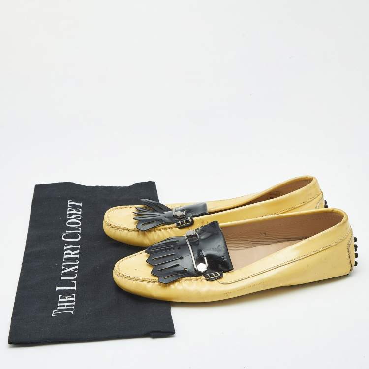 Pre Owned Tod's Yellow/Black Patent Leather Pin Fringe Loafers Size 38