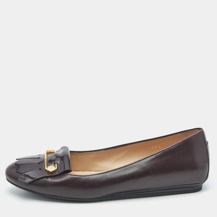 Pre Owned Tod's Burgundy Leather Fringe Ballet Flats Size 38.5