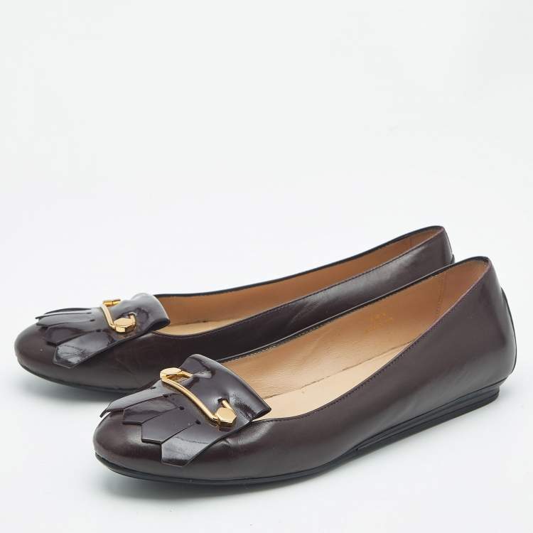 Pre Owned Tod's Burgundy Leather Fringe Ballet Flats Size 38.5