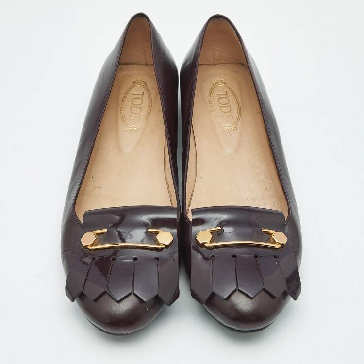 Pre Owned Tod's Burgundy Leather Fringe Ballet Flats Size 38.5