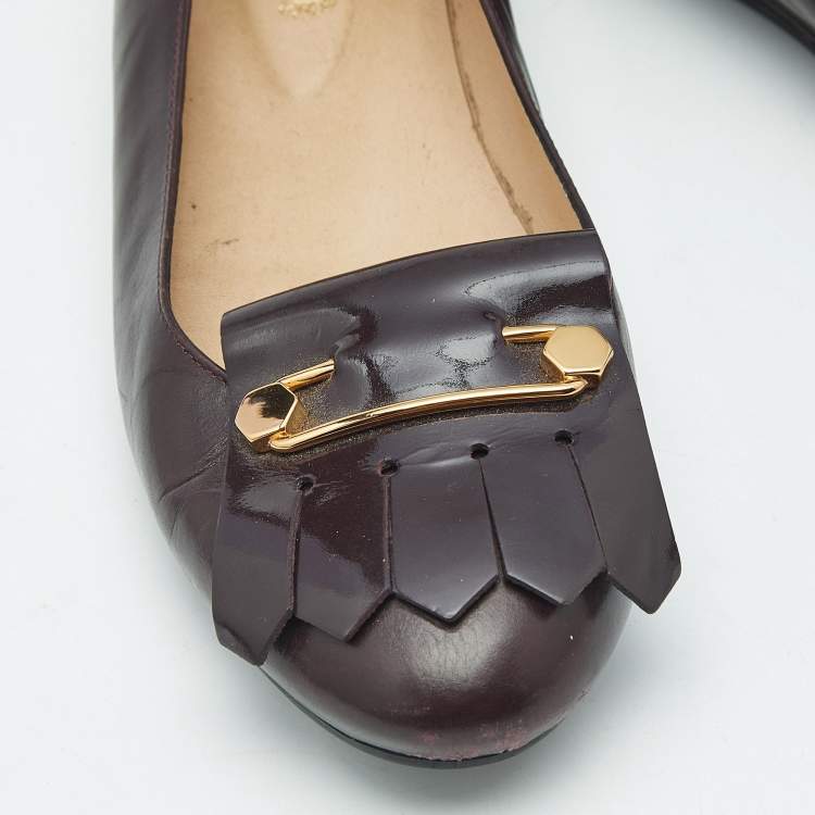 Pre Owned Tod's Burgundy Leather Fringe Ballet Flats Size 38.5