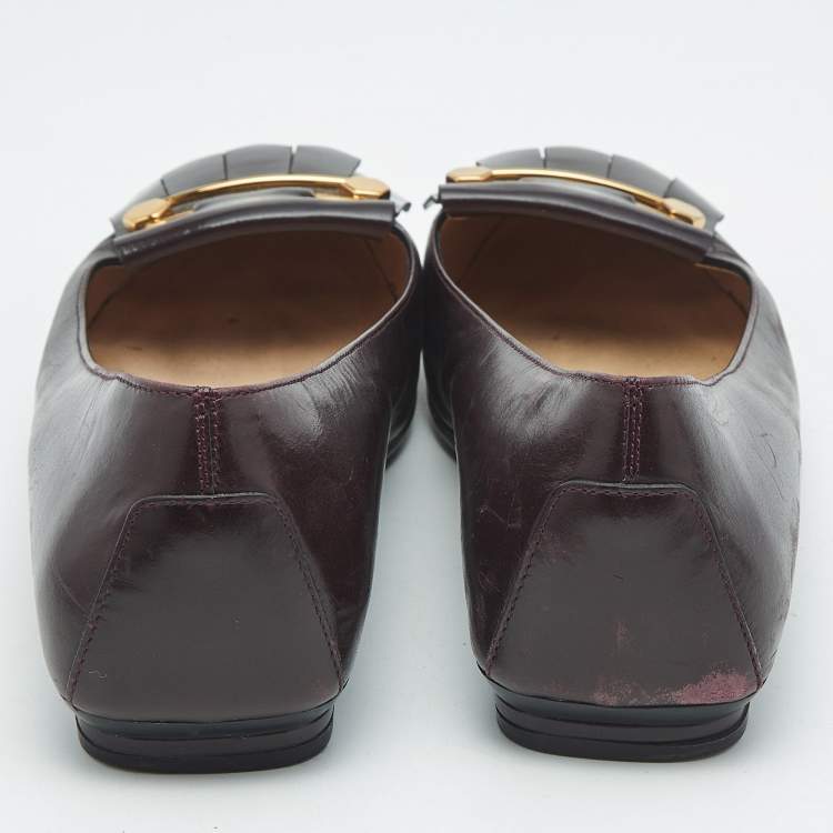 Pre Owned Tod's Burgundy Leather Fringe Ballet Flats Size 38.5