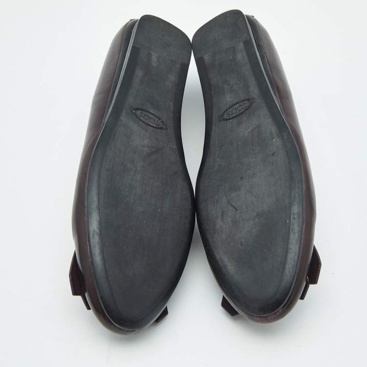 Pre Owned Tod's Burgundy Leather Fringe Ballet Flats Size 38.5
