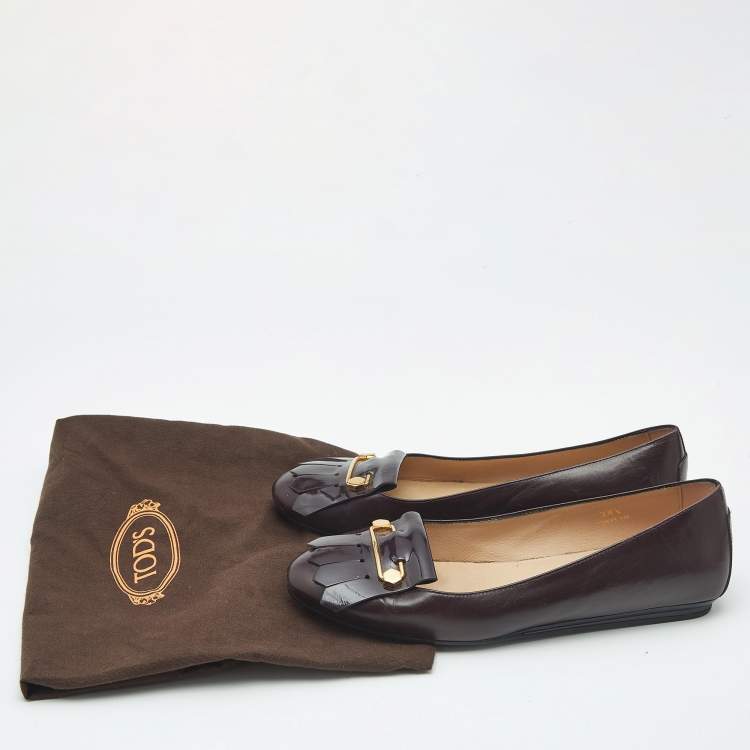 Pre Owned Tod's Burgundy Leather Fringe Ballet Flats Size 38.5