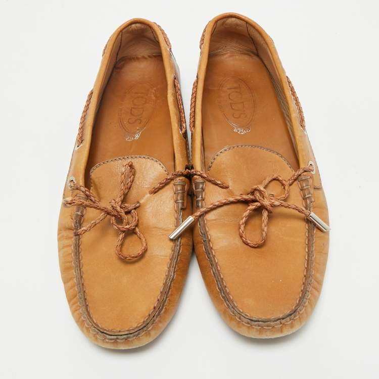 Pre Owned Tod's Brown Leather Gommino Bow Slip On Loafers Size 40